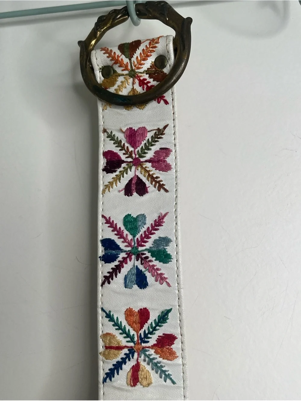 Vintage 70's Bechelli Embroidered Belt Tiger Head Brass Buckle Ivory Floral Boho